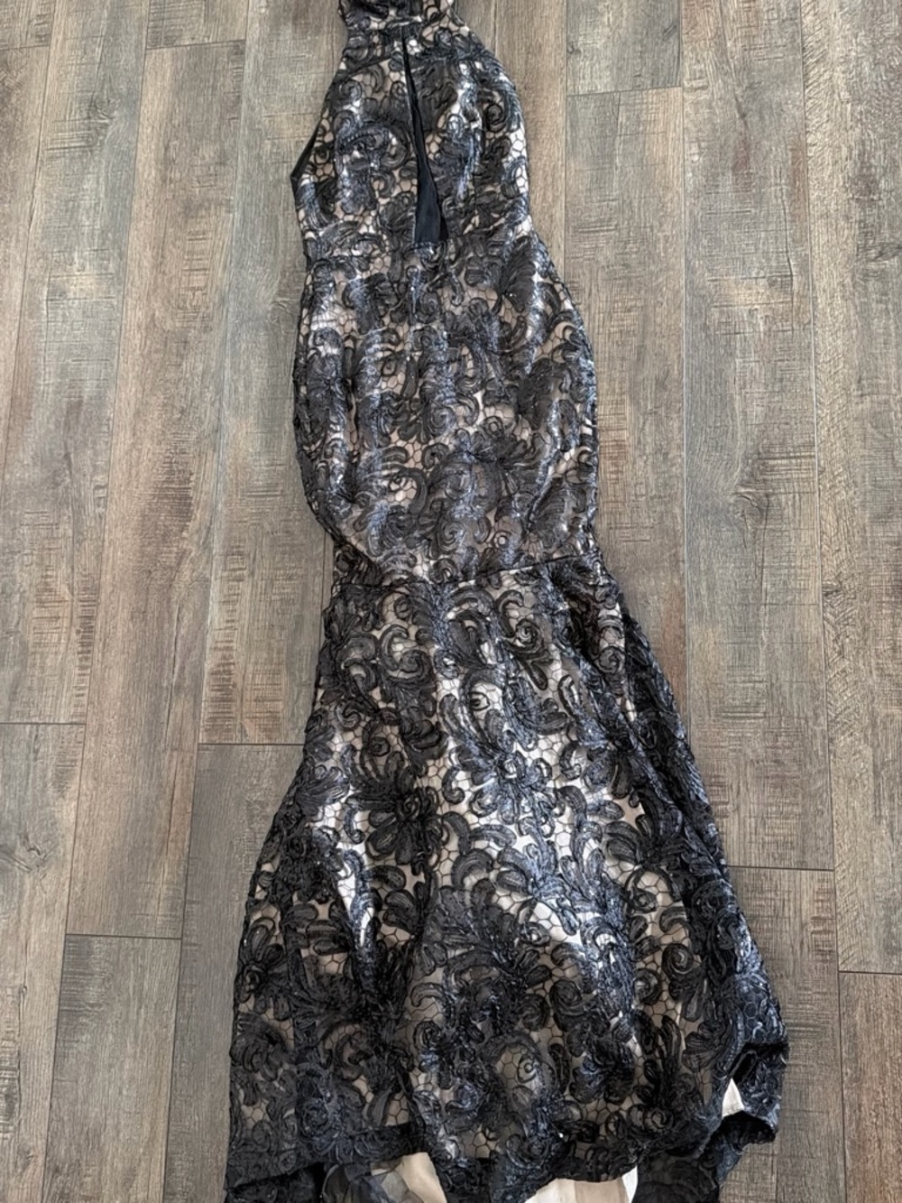 Va Va Voom Black Lace Maxi Gown with Sheer Floral Overlay
